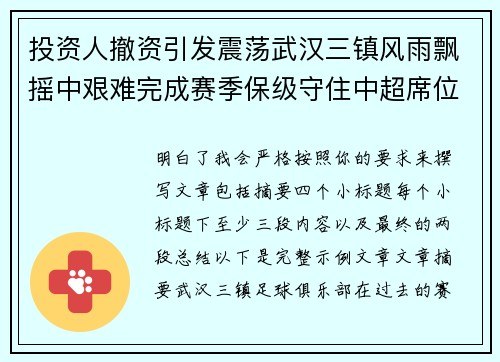 投资人撤资引发震荡武汉三镇风雨飘摇中艰难完成赛季保级守住中超席位